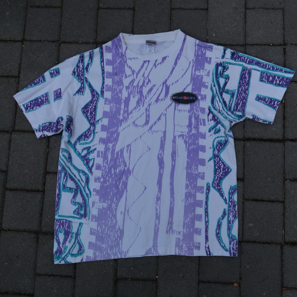 Vtg 1991 Ocean Pacific OP All Over Print T Shirt Lg Single Stitch Teal Surf AOP